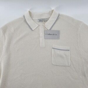 Collars & Co Modal and Cotton Cable Knit Polo Shirt Cream‎ White Mens Size Large